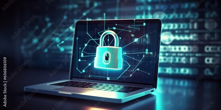 3D illustration of cyber online security with high-tech padlock protecting a laptop computer on a desk. Generative AI technology