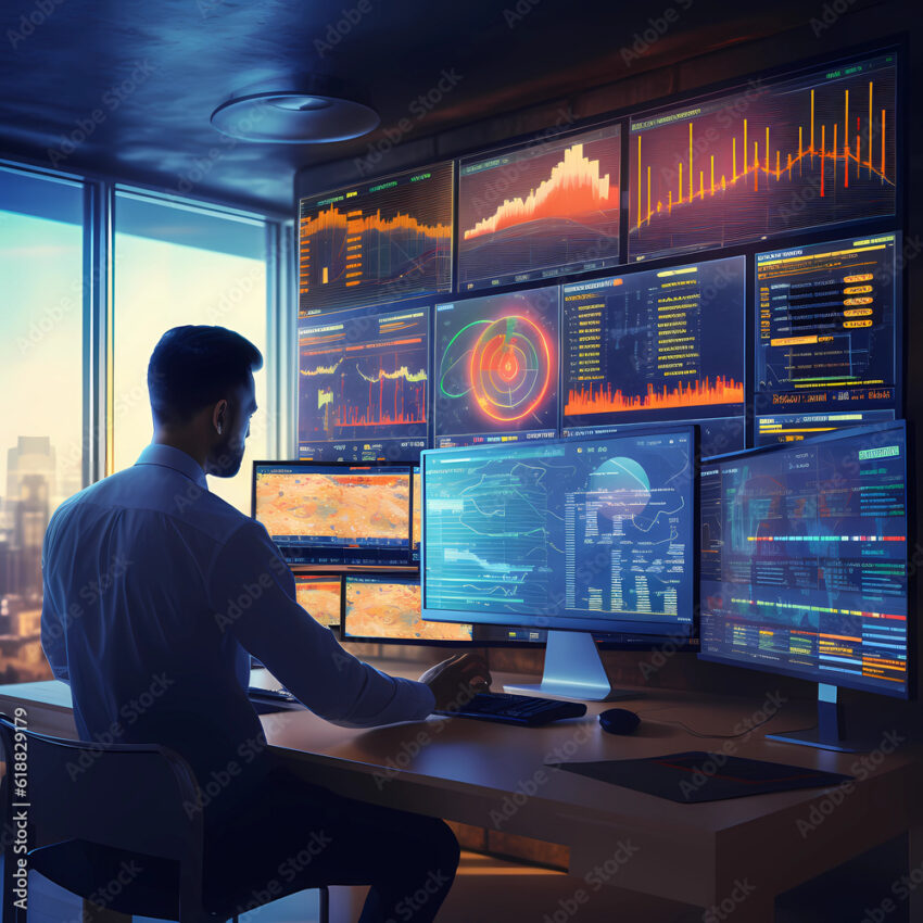 An analyst uses a computer and dashboard for data business analysis
