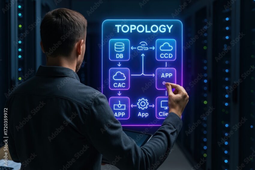 Data management strategies and topology visualization in modern data centers digital environment infographic technology overview