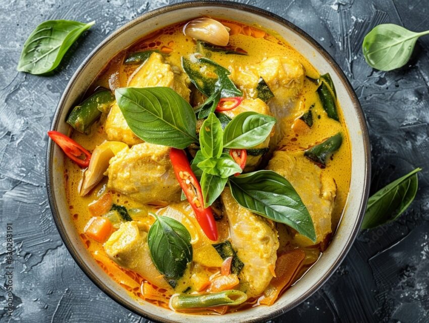 Thai yellow curry in a bowl, top-down view,